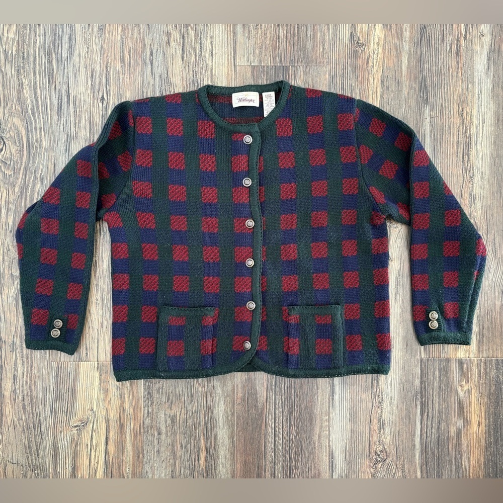 Vtg Worthington Cardigan Sweater Womens L Green Red Blue Plaid Ornate Buttons